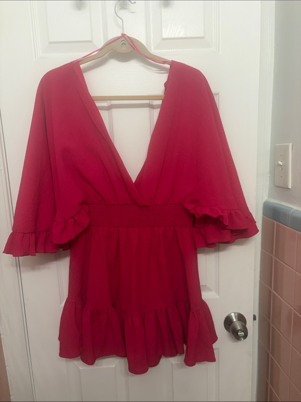 Anthropologie Fuchsia V-Neck Ruffle Mini Dress